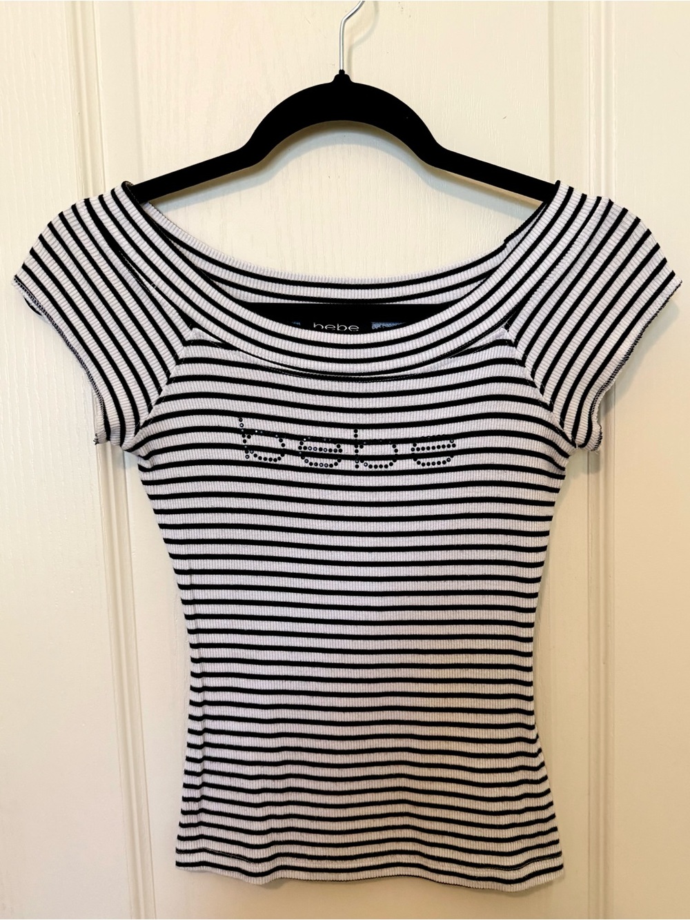 Vintage Bebe Black & White Striped Ribbed Off-Shoulder Tee